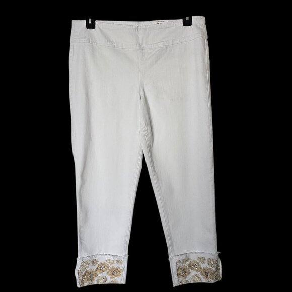 INC International Concepts White Capri Pants Size 12 Floral Bling Leg Pull-on - Picture 1 of 12